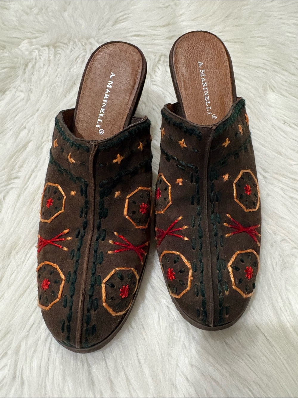 Vintage A. Marinelli Brown Embroidered Indie Western Slip-On Heeled Mules